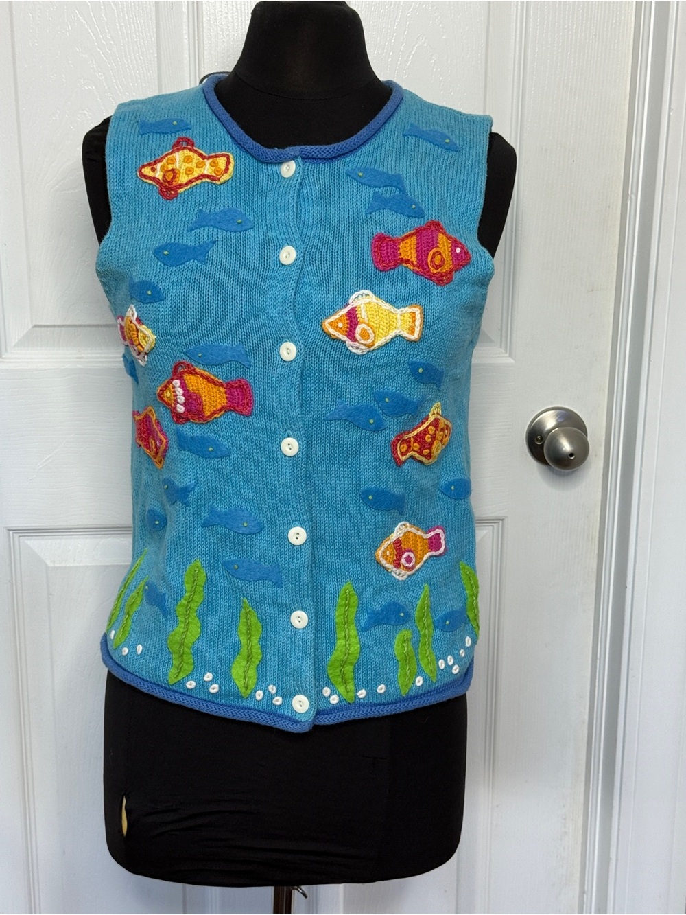 Vintage 1990s Susan Bristol aquarium fish sweater vest.